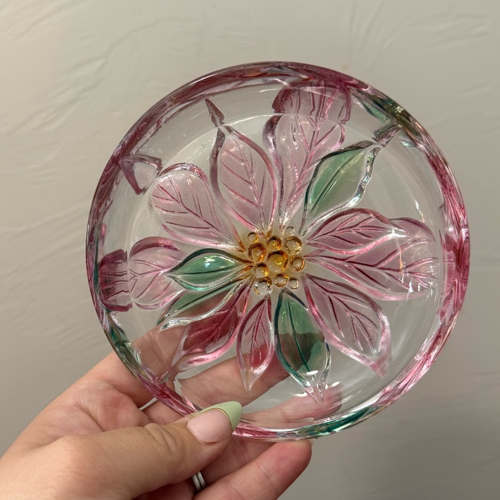Vintage Christmas Candy‎ Dish Ash Tray Poinsettia Floral Colorful Glass Round